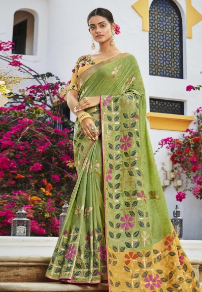Green cotton jacquard festival wear saree 95782