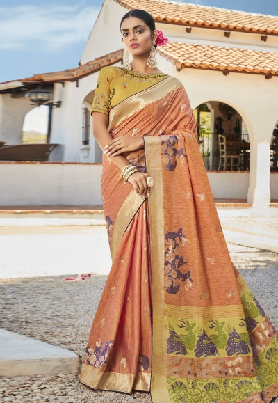 Peach cotton jacquard saree with blouse 95787