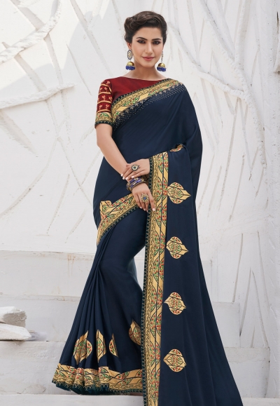 Navy blue satin party wear saree 2608