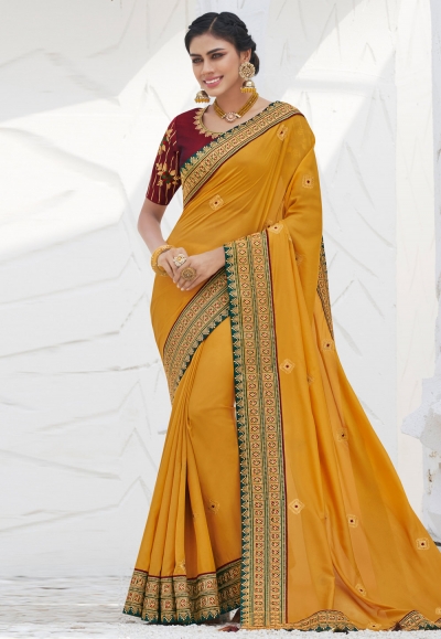 Yellow satin party wear saree 2614