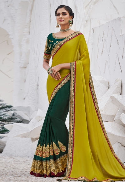 Green satin half n half saree 2611