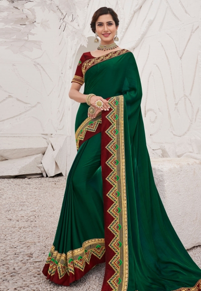 Green satin party wear saree 2613