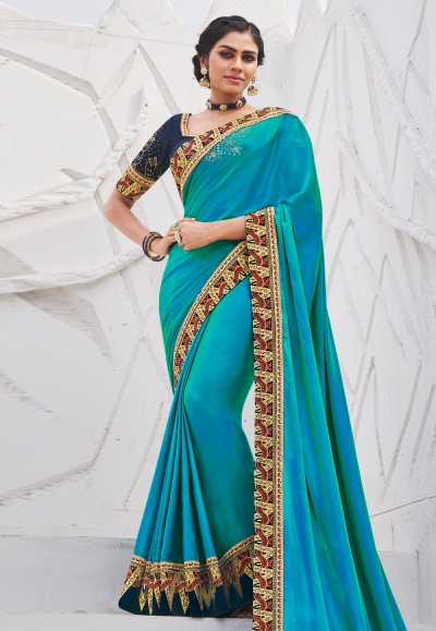 Aqua satin saree with blouse 2610