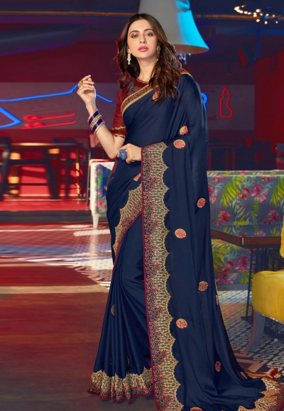 Rakul preet singh navy blue satin party wear saree 2003