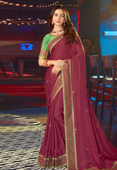 Rakul preet singh wine satin bollywood wear saree 2008