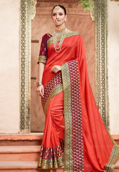 Orange silk saree with blouse 1031
