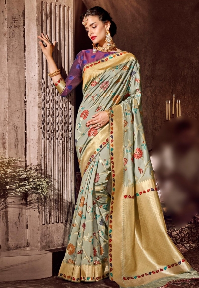 Grey banarasi silk saree with blouse 96662