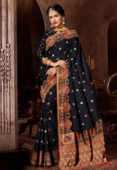 Black banarasi silk festival wear saree 96653