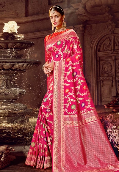 Pink banarasi silk saree with blouse 96656