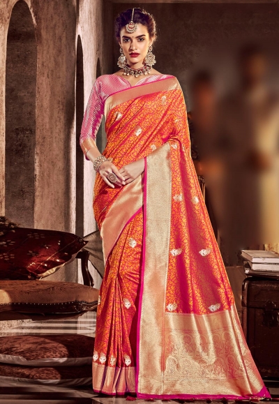 Orange banarasi silk festival wear saree 96665