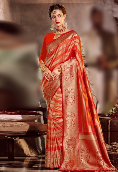 Red banarasi silk festival wear saree 96671