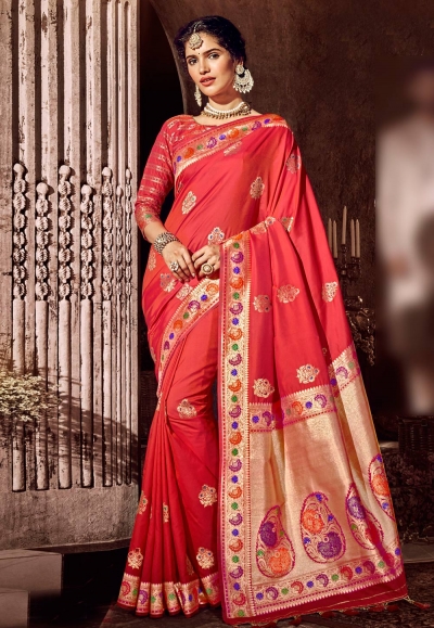 Pink banarasi silk saree with blouse 96674