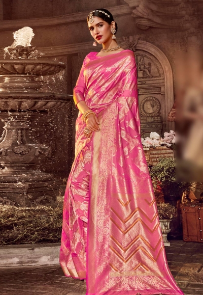 Pink banarasi silk saree with blouse 96676