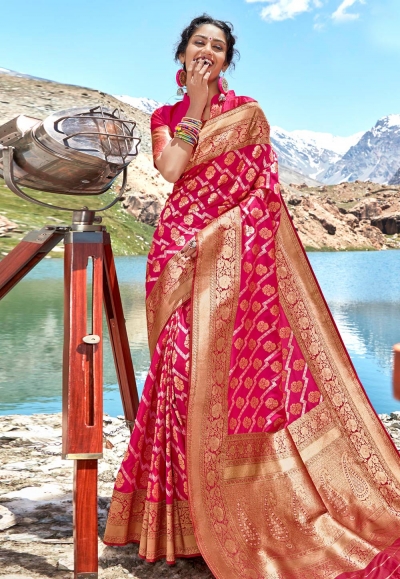 Pink banarasi silk saree with blouse 96677