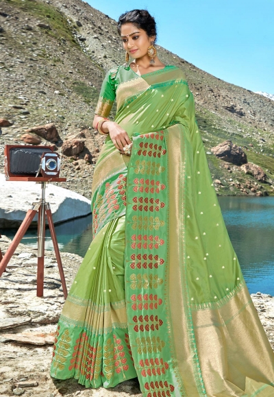 Light green banarasi silk festival wear saree 96682