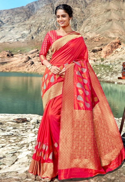 Pink banarasi silk saree with blouse 96685