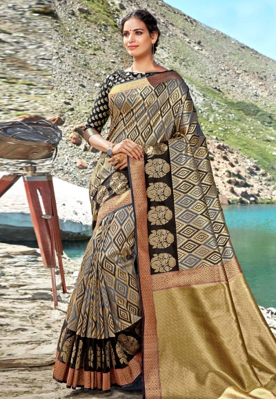 Grey banarasi silk festival wear saree 96688