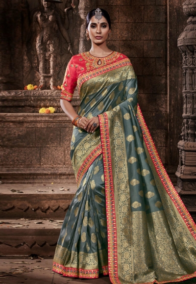 Grey banarasi silk saree with blouse 96652