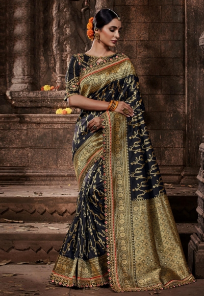 Black banarasi silk festival wear saree 96649