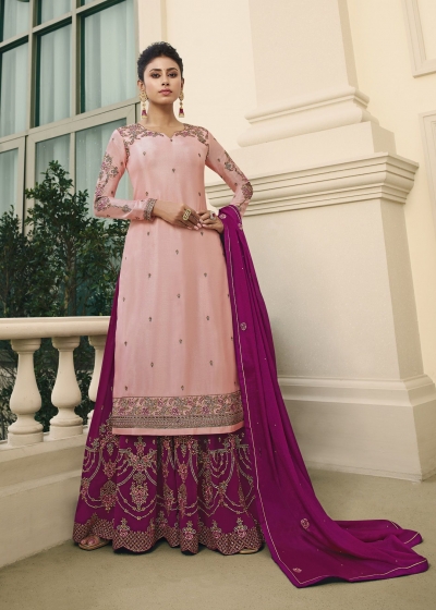 Pink and purple chinon Indian Palazzo wedding suit