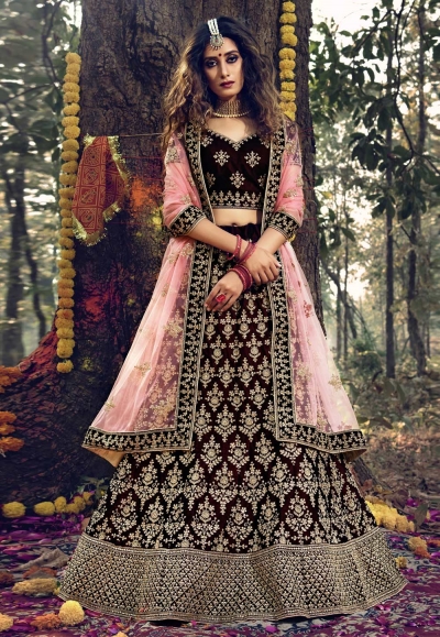 Maroon velvet bridal lehenga choli 3703