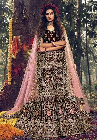 Maroon velvet bridal lehenga choli 3705