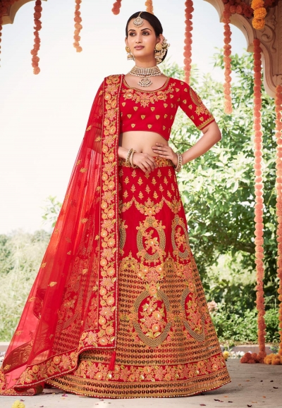 Red silk circular lehenga choli 3904