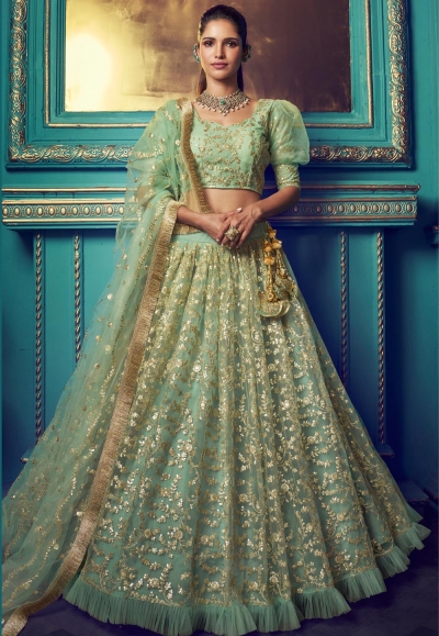 Green net embroidered frill designer lehenga choli 4108