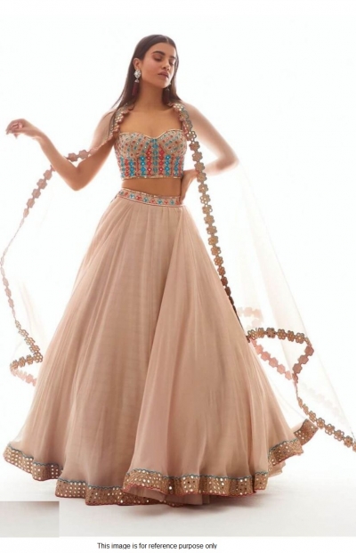 Bollywood model peach net wedding lehenga