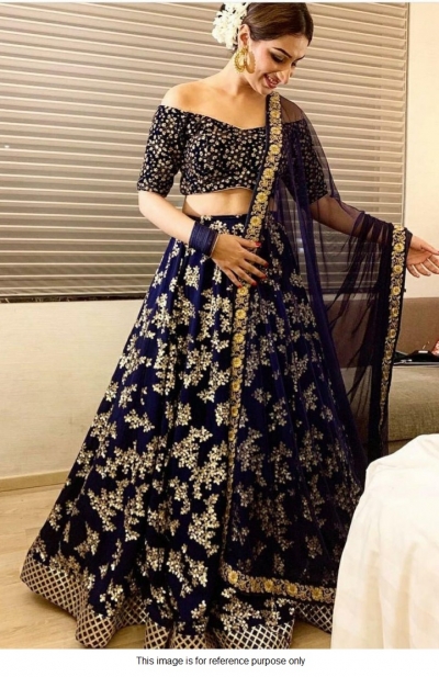 Bollywood model Navy blue tafetta silk lehenga choli