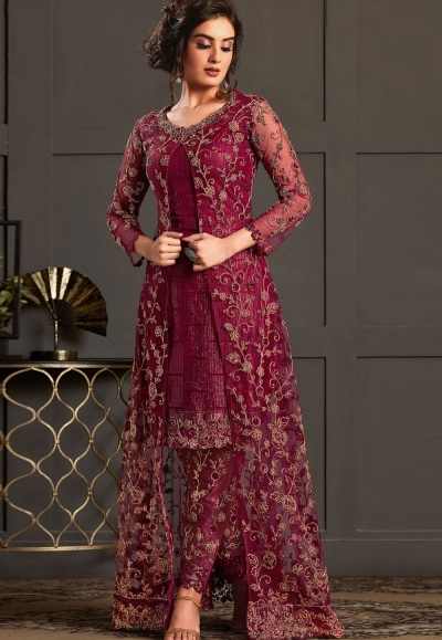 wine net embroidered jacket style trouser suit 4592