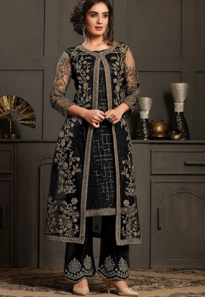 Dusty Black Silk Party Wear Designer Trouser Suit  eduaspirantcom