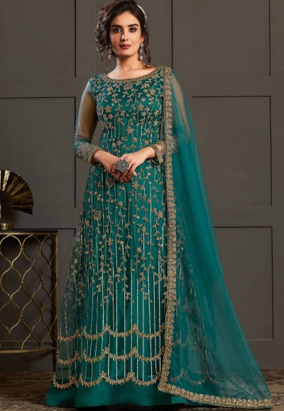 blue net embroidered long abaya suit 4595