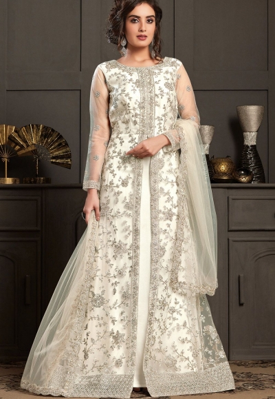 off white net embroidered front slit anarkali suit 4597