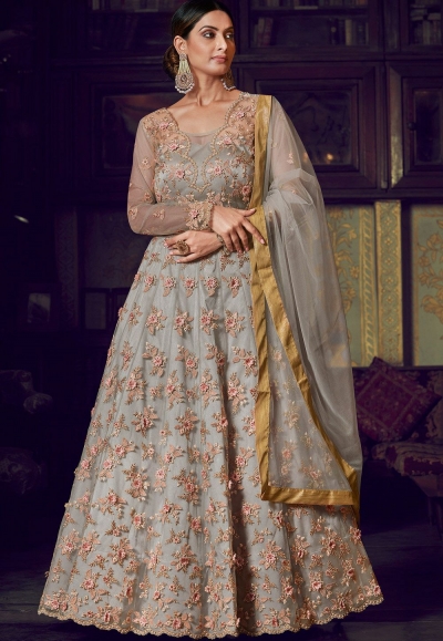 grey net silk embroidered heavy anarkali suit 10044