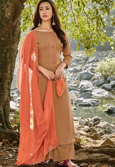 brown cotton chanderi straight palazzo suit 1177