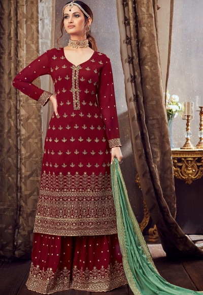 maroon georgette embroidered palazzo suit 6165