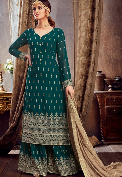 blue georgette embroidered palazzo suit 6161