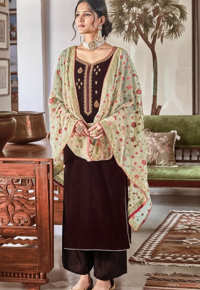 brown velvet embroidered palazzo suit 9105