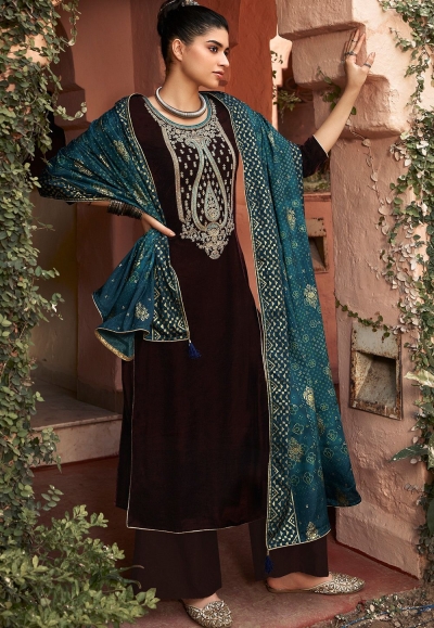 dark brown velvet embroidered palazzo suit 9005