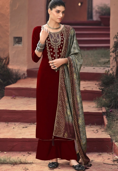 Embroidered Georgette Palazzo Suit in Maroon - PZ3688