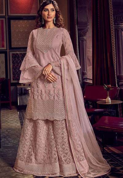 mauve net embroidered pakistani palazzo suit 6601