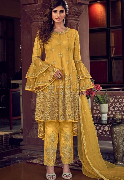 yellow net embroidered pakistani trouser suit 6603