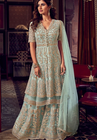 light blue net embroidered pakistani palazzo suit 6604