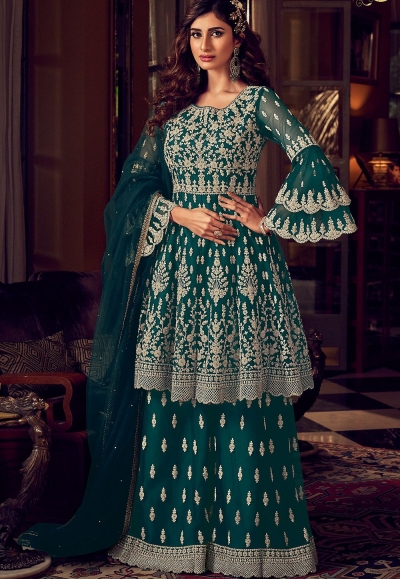 green net embroidered pakistani palazzo suit 6605