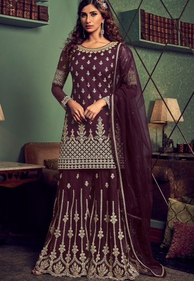 purple net embroidered pakistani palazzo suit 6606