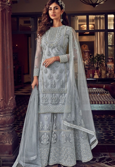 steel grey net embroidered pakistani palazzo suit 6607