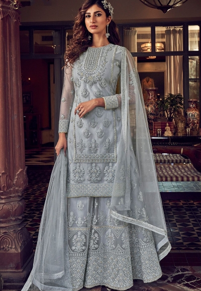 Grey Resham-Tilla Embroidered Farshi Palazzo Suit – Talking Threads