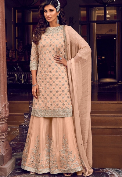 peach georgette embroidered pakistani palazzo suit 6608