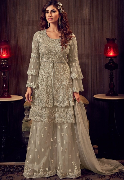 grey net embroidered pakistani palazzo suit 6609